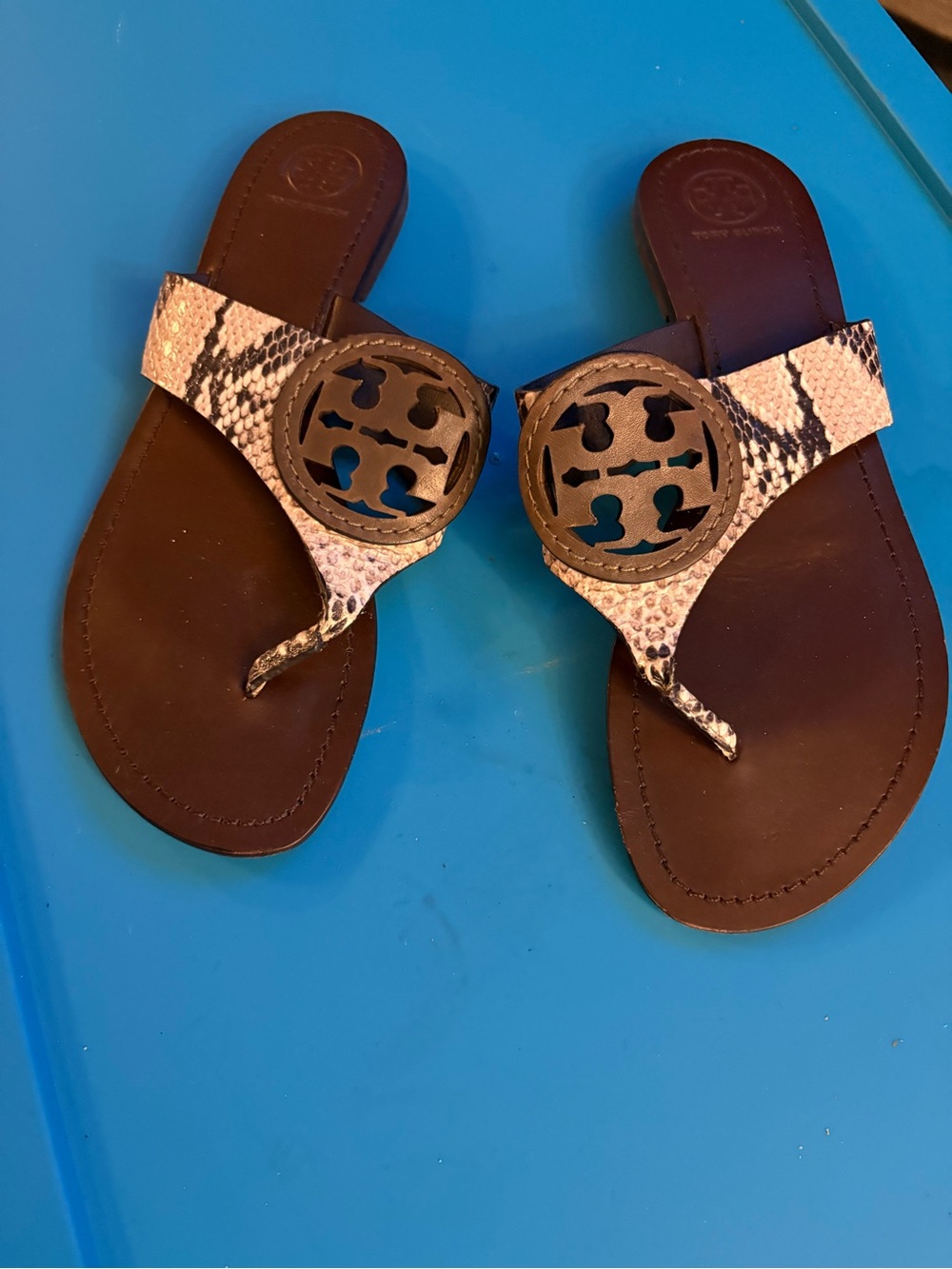Tory Burch Brown Leather Sandals with Snake-Print Straps